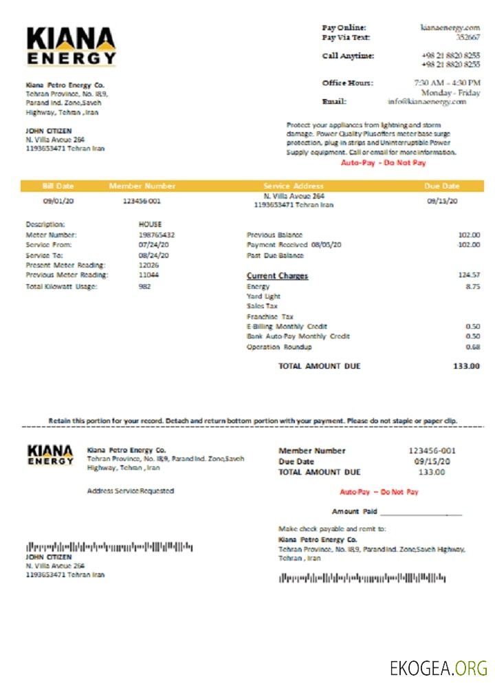 Iran Kiana Petro Energy Co utility bill